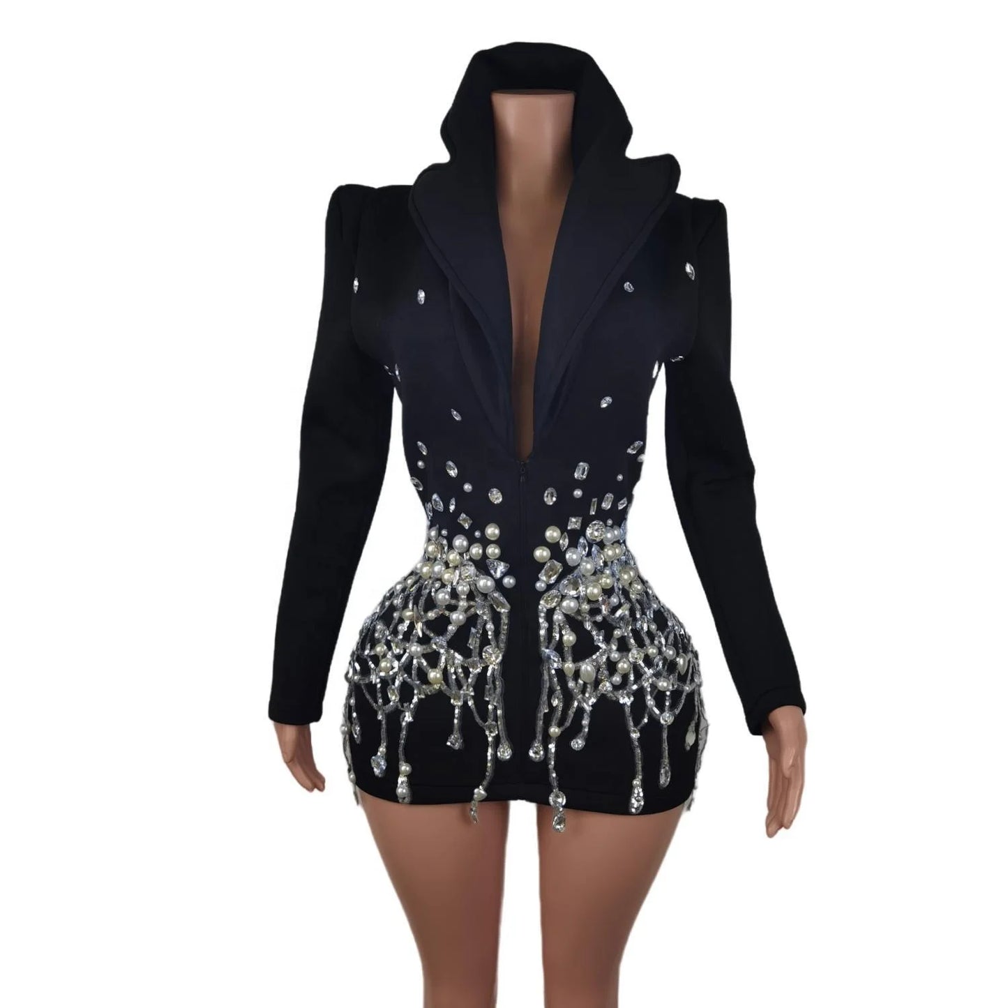 Sexy Black v Long Sleeve Evening Prom Stage Performance Wear Blazers Jackets Ladies Women Suit Coats Crystal Pearl Party Blazer