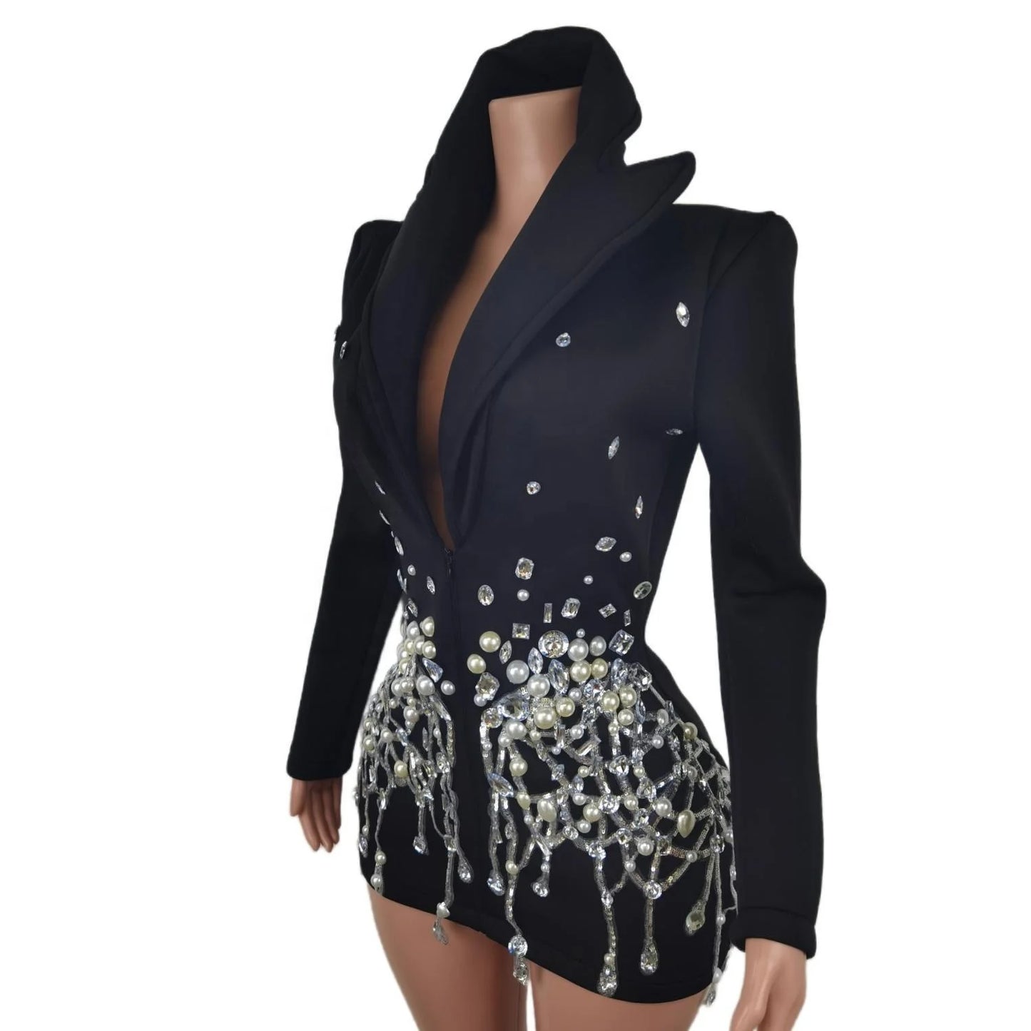 Sexy Black v Long Sleeve Evening Prom Stage Performance Wear Blazers Jackets Ladies Women Suit Coats Crystal Pearl Party Blazer