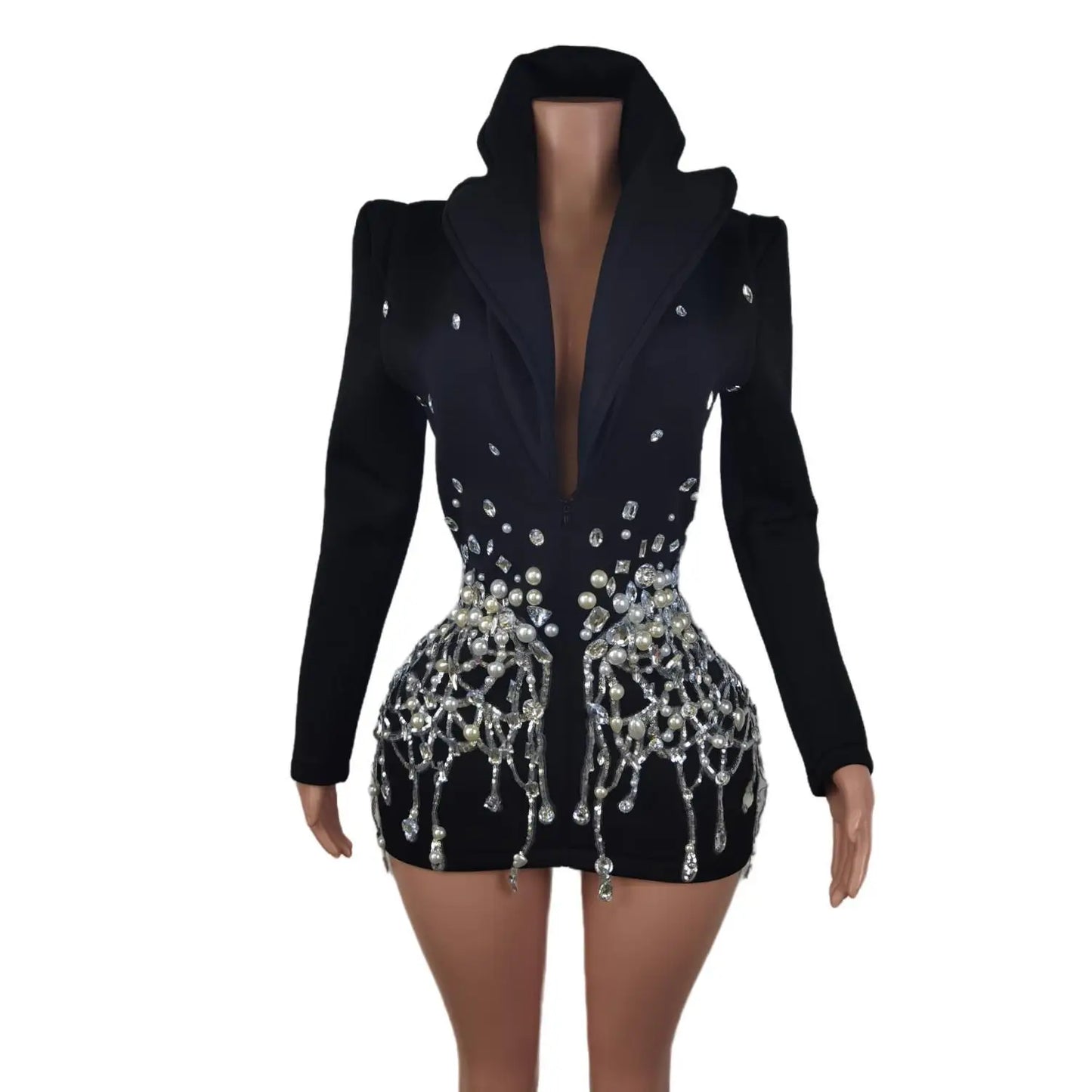 Sexy Black v Long Sleeve Evening Prom Stage Performance Wear Blazers Jackets Ladies Women Suit Coats Crystal Pearl Party Blazer