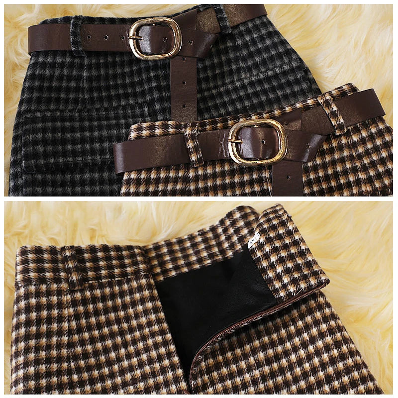 HI-FASHION Woolen Plaid Skirt Female Autumn New High Waist Pocket Split Mid-Length Skirts Korean Winter One-Step Plus Size Skirt