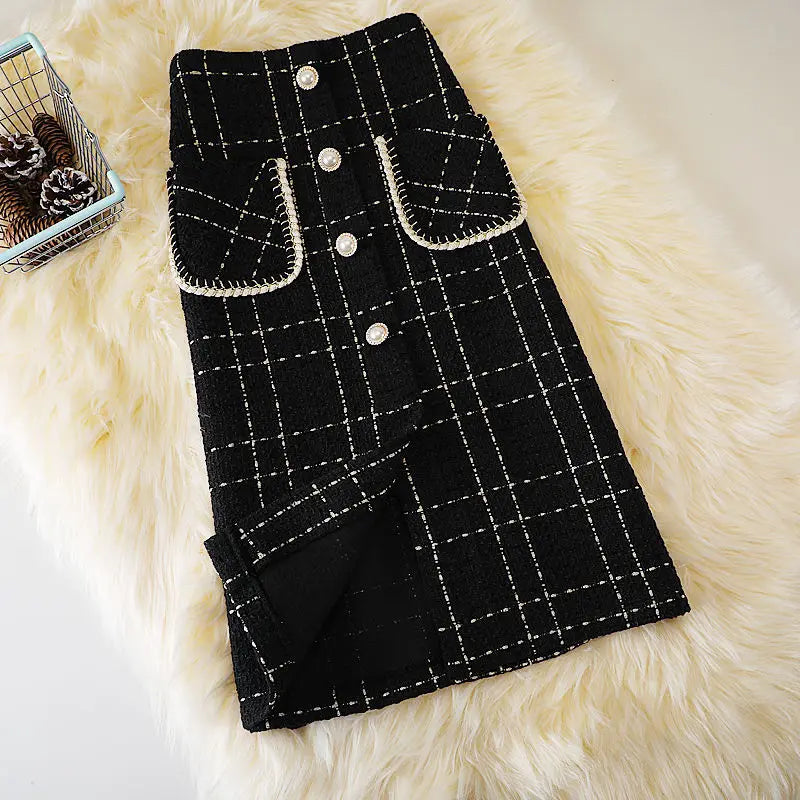 HI-FASHION Woolen Plaid Skirt Female Autumn New High Waist Pocket Split Mid-Length Skirts Korean Winter One-Step Plus Size Skirt