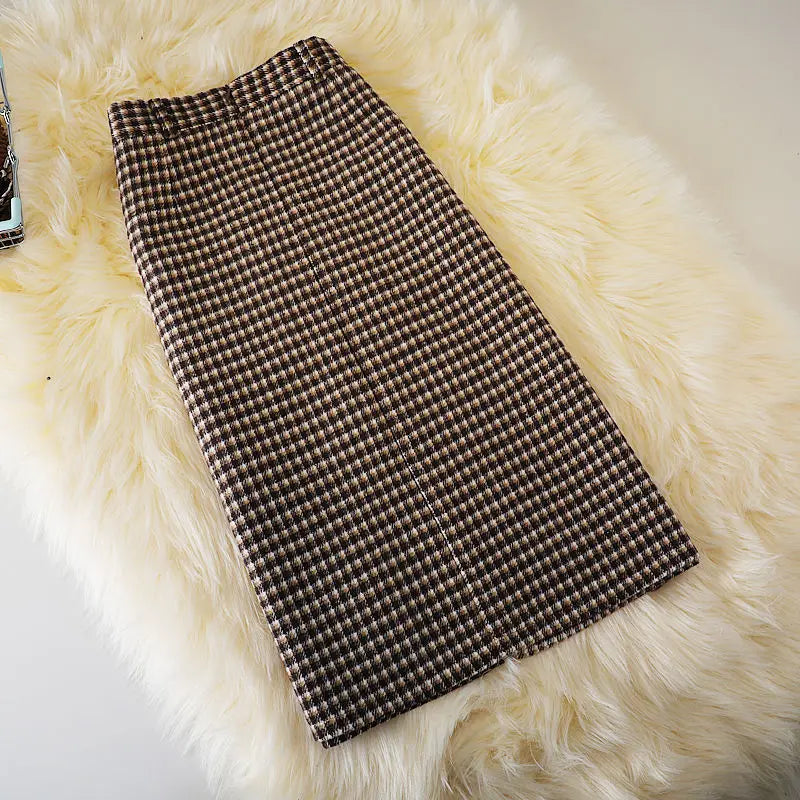 HI-FASHION Woolen Plaid Skirt Female Autumn New High Waist Pocket Split Mid-Length Skirts Korean Winter One-Step Plus Size Skirt