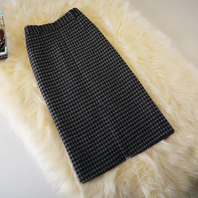 HI-FASHION Woolen Plaid Skirt Female Autumn New High Waist Pocket Split Mid-Length Skirts Korean Winter One-Step Plus Size Skirt