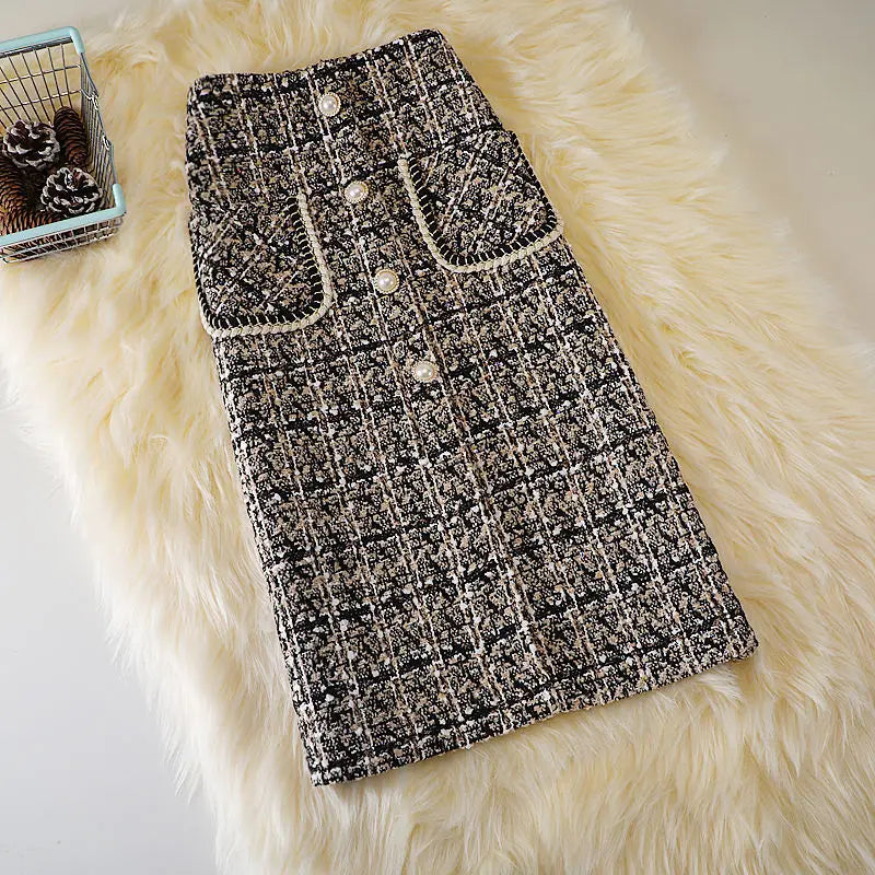 HI-FASHION Woolen Plaid Skirt Female Autumn New High Waist Pocket Split Mid-Length Skirts Korean Winter One-Step Plus Size Skirt