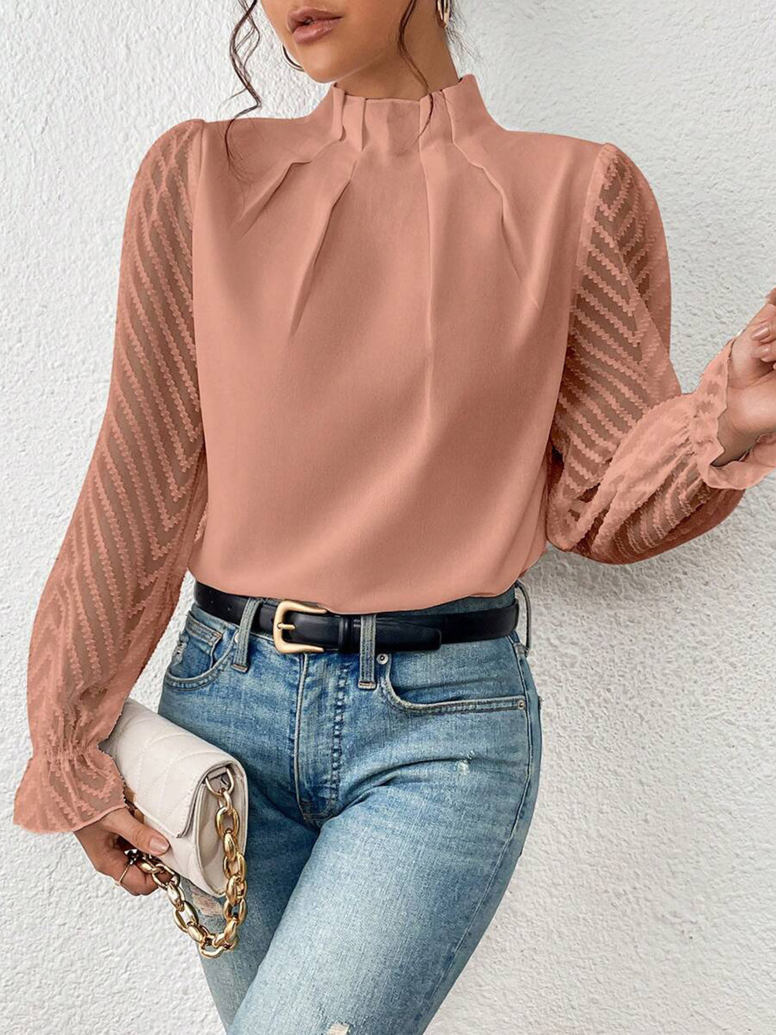 Mock Neck Flounce Sleeve Blouse