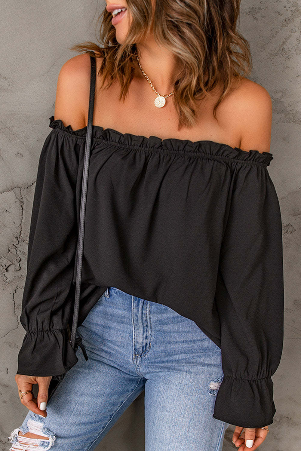 Off-Shoulder Flounce Sleeve Blouse