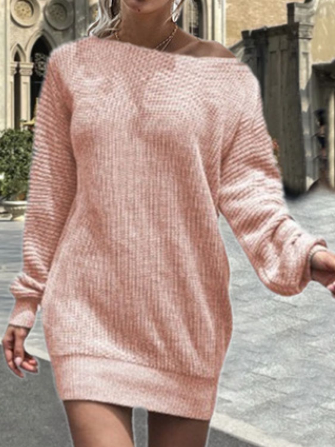 One Shoulder Lantern Sleeve Sweater Dress