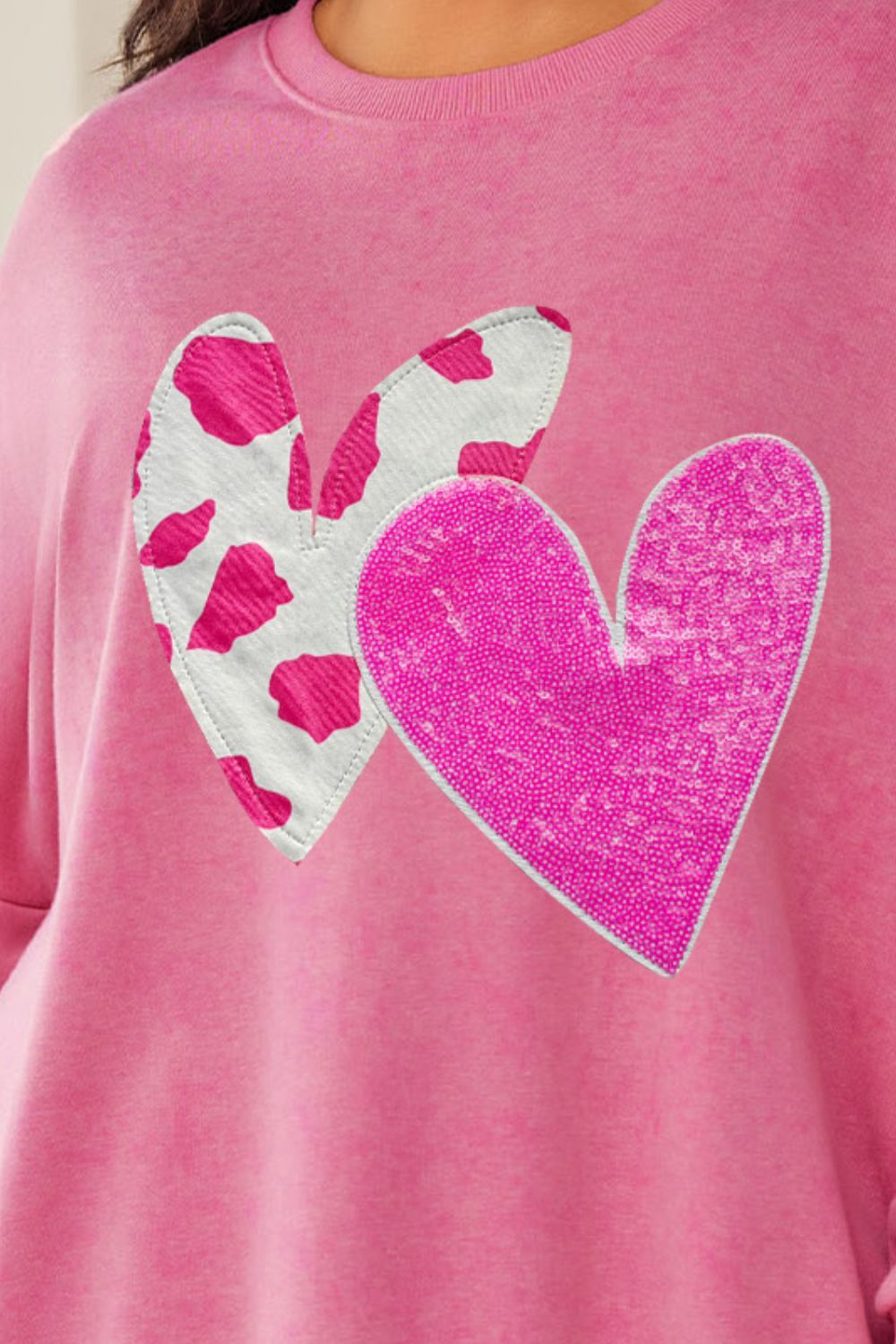 Plus Size Heart Sequin Round Neck Sweatshirt