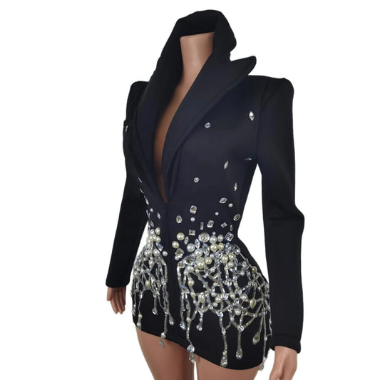 Sexy Black v Long Sleeve Evening Prom Stage Performance Wear Blazers Jackets Ladies Women Suit Coats Crystal Pearl Party Blazer