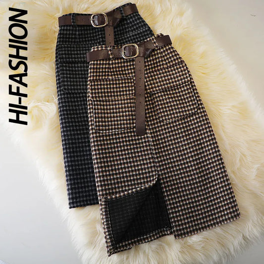 HI-FASHION Woolen Plaid Skirt Female Autumn New High Waist Pocket Split Mid-Length Skirts Korean Winter One-Step Plus Size Skirt