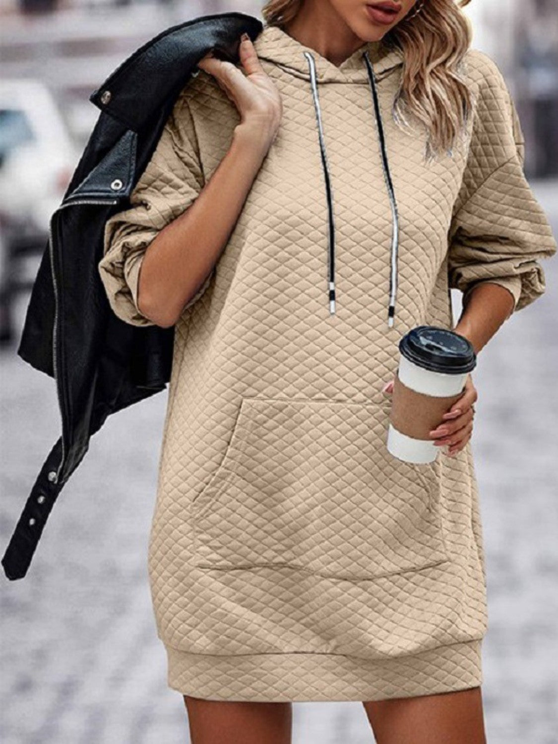 Textured Drawstring Tunic Hoodie